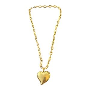 Vintage Gold Plated Brass Puffy Heart Necklace w a Thick GP link Chain, 20” Long